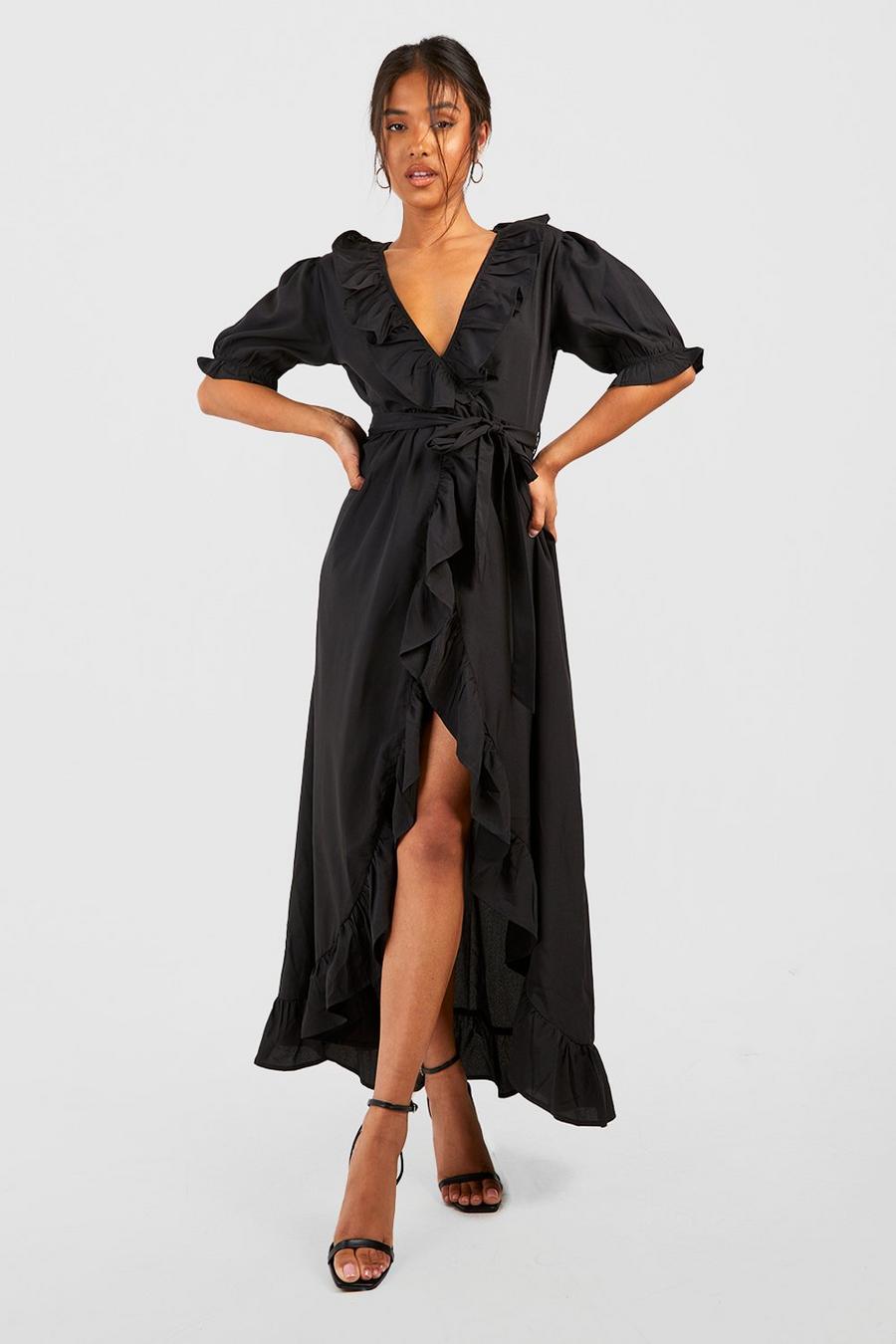 Black Petite Ruffle Cotton Wrap Maxi Dress image number 1