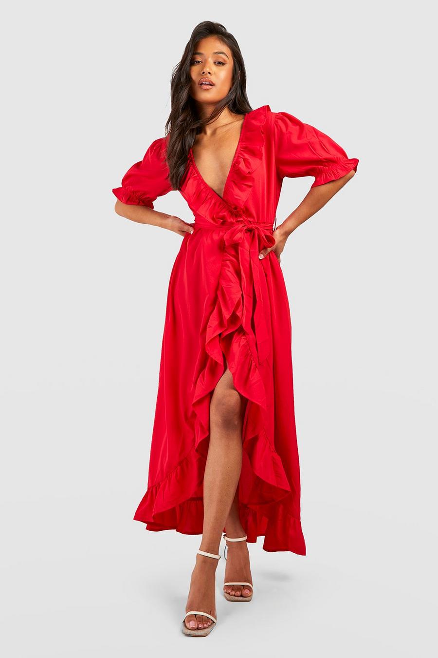 Red Petite Ruffle Cotton Wrap Maxi Dress