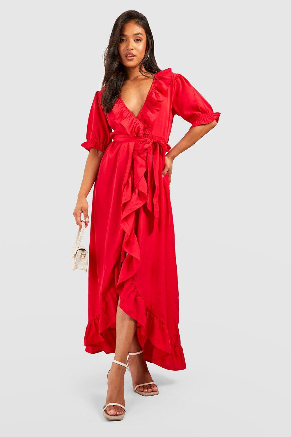 RUFFLED SATIN EFFECT DRESS - Red