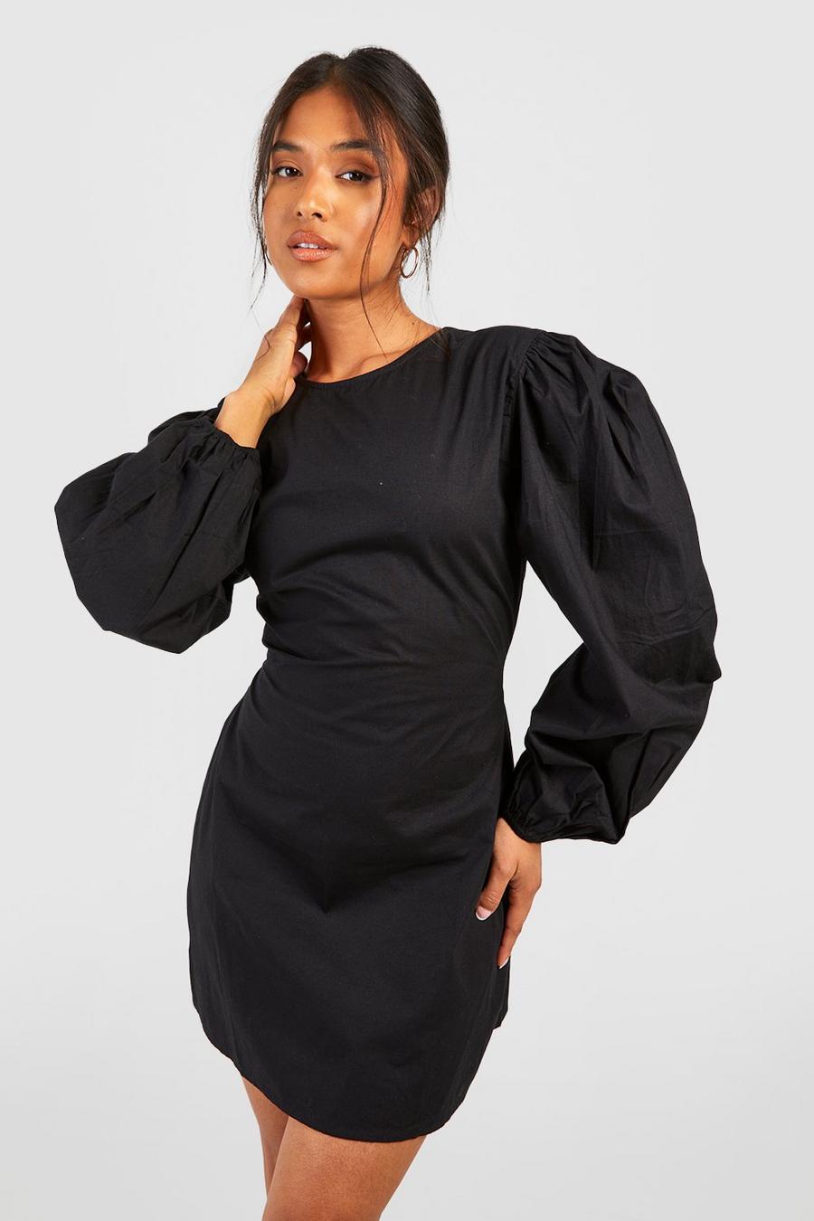 Petite rückenfreies Baumwoll-Kleid mit Puffärmeln, Black image number 1