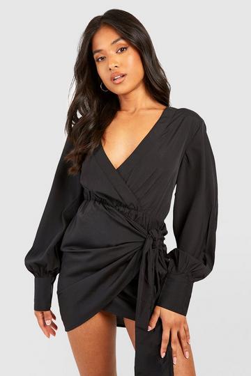 Black Petite Puff Sleeve Wrap Dress With Bow