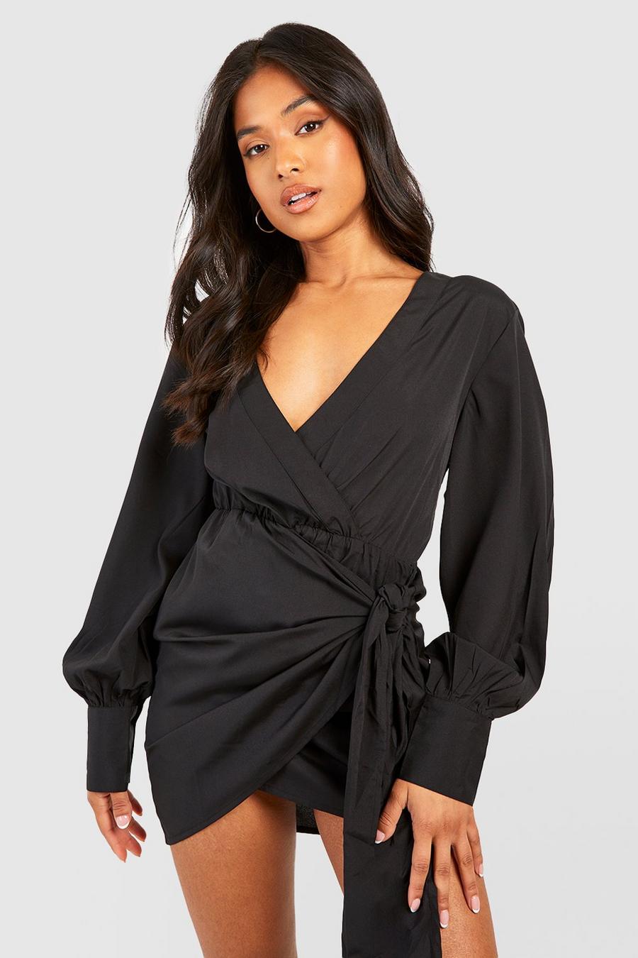 Black Petite Puff Sleeve Wrap Dress With Bow image number 1