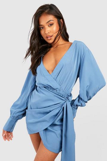 Petite Puff Sleeve Wrap Dress With Bow blue