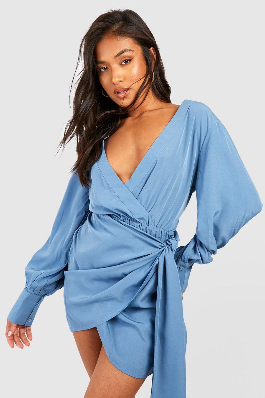 Blue Petite Volume Sleeve Wrap Dress With Bow