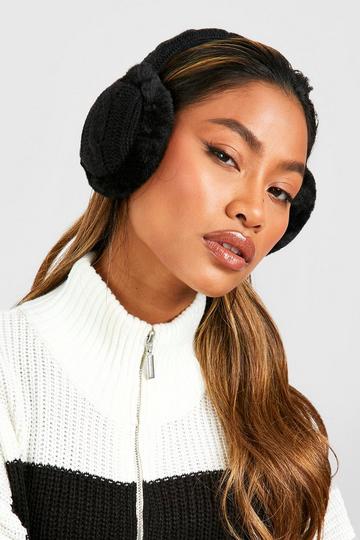 Black Cable Knit Faux Fur Ear Muff