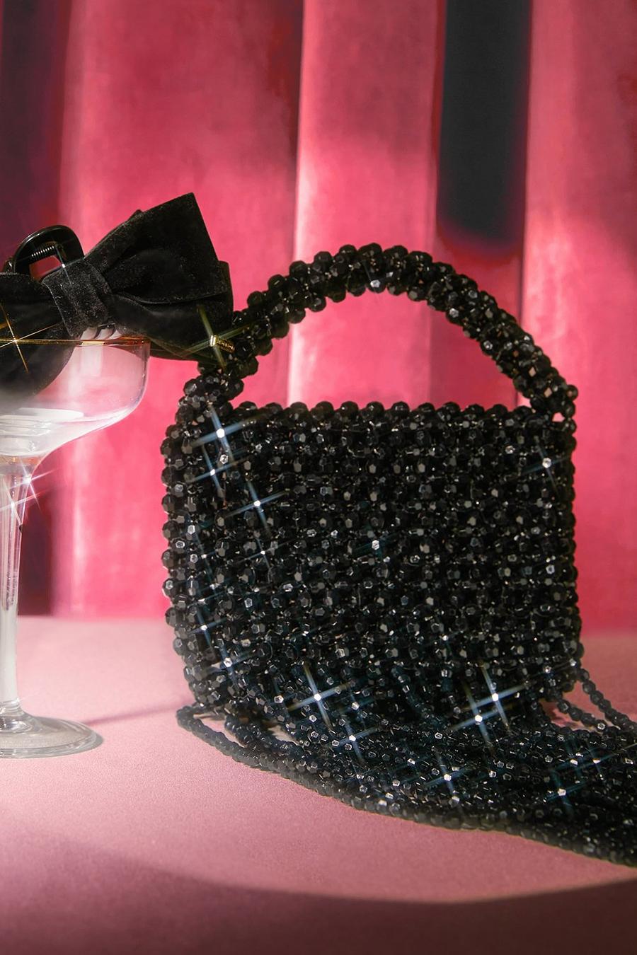 Black svart Premium Beaded Fringe Diamante Bag 