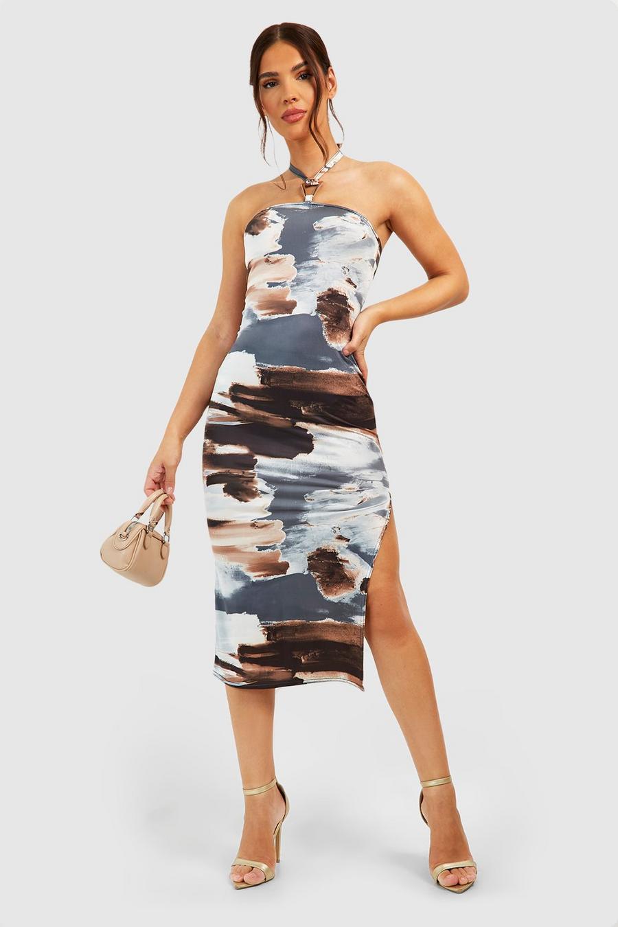 Charcoal Abstract Gold Trim Detail Midi Dress image number 1