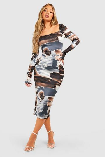 Abstract Print Square Neck Midi Dress charcoal