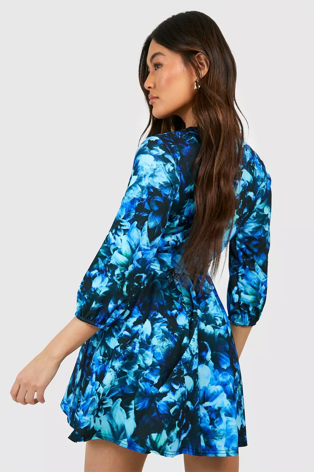 Blue Abstract Floral Belted Skater Dress alternative image