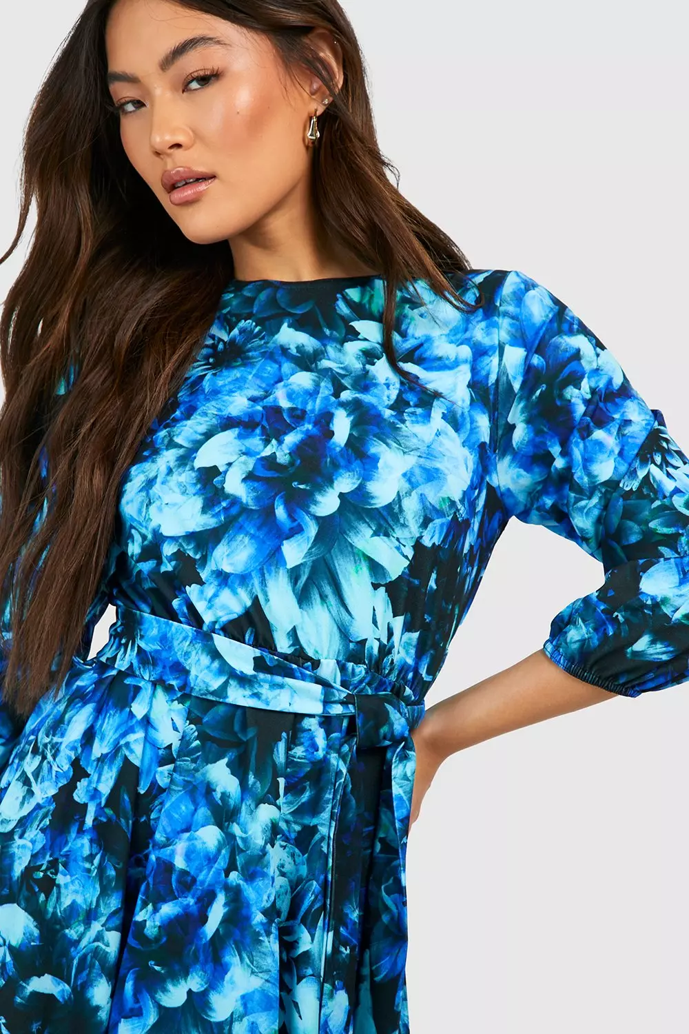Blue Abstract Floral Belted Skater Dress alternative image