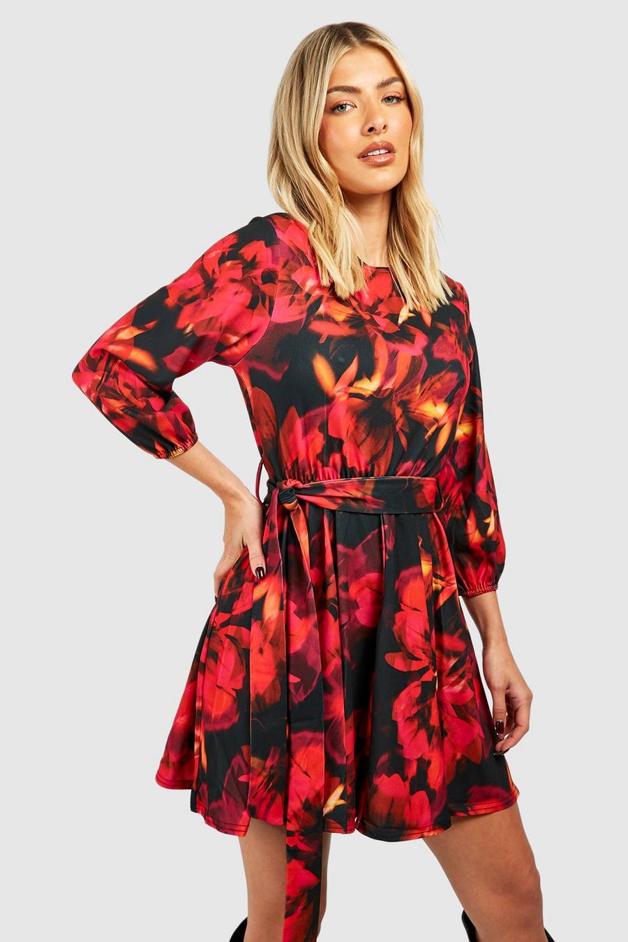 Red Abstract Floral Belted Skater Dress