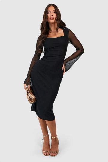 Mesh Flare Sleeve Midi Dress black