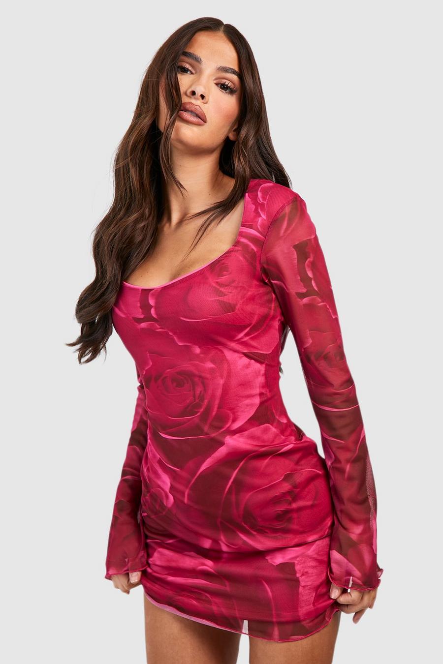 Hot pink Blommig miniklänning i mesh med utsvängd ärm image number 1
