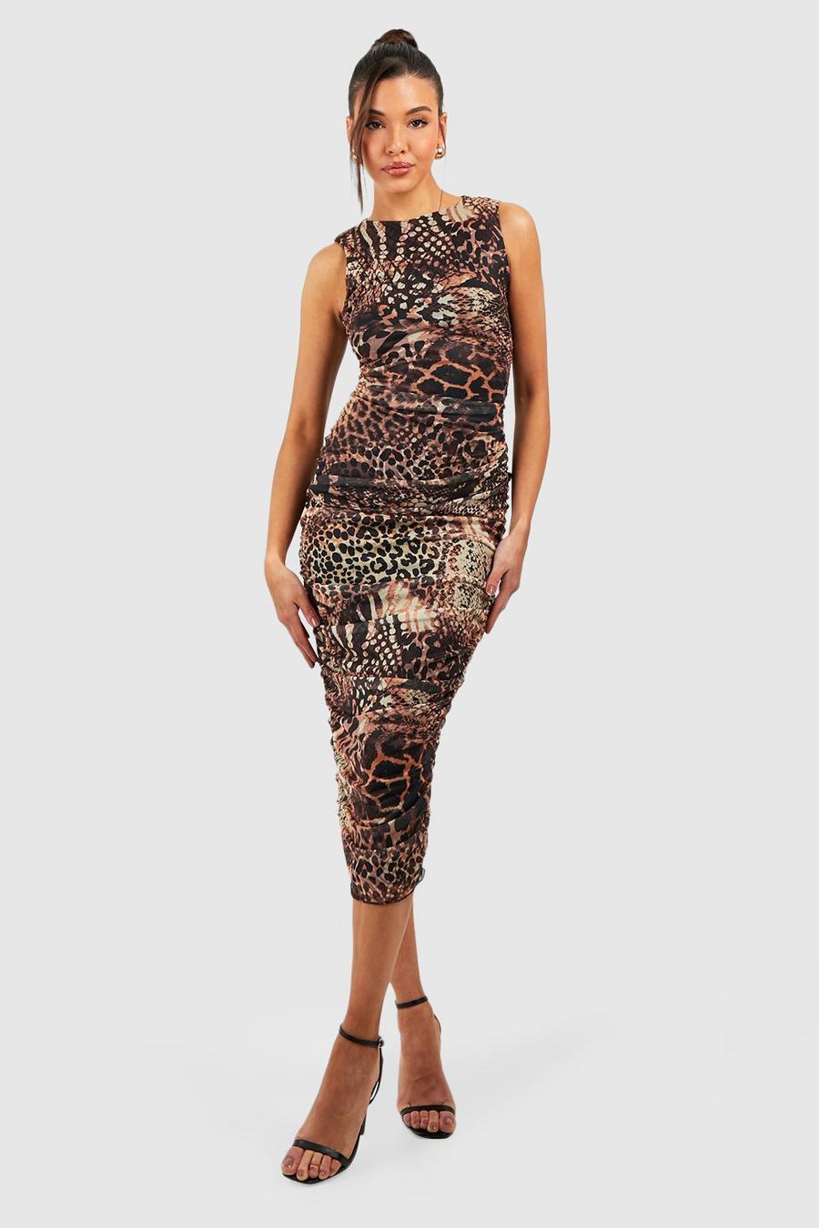 Brown Animal Print Rouched Mesh Midaxi Dress image number 1