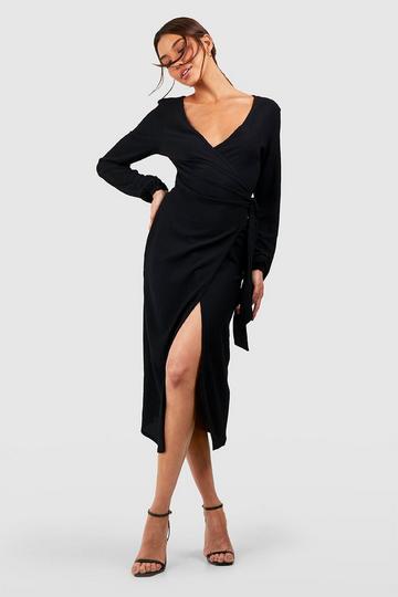 Textured Wrap Midi Dress black