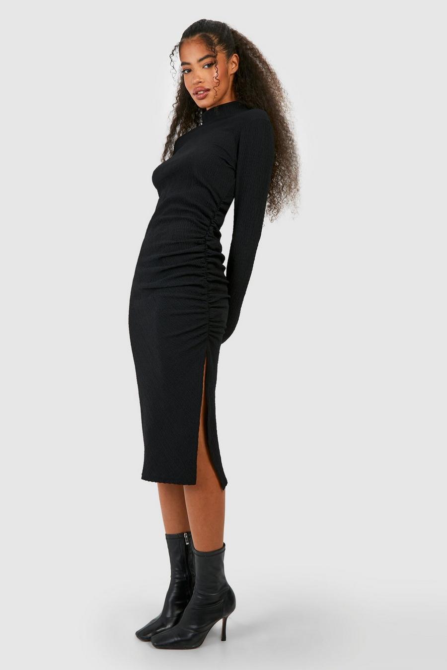 Vestido midi texturizado fruncido con cuello alto, Black image number 1