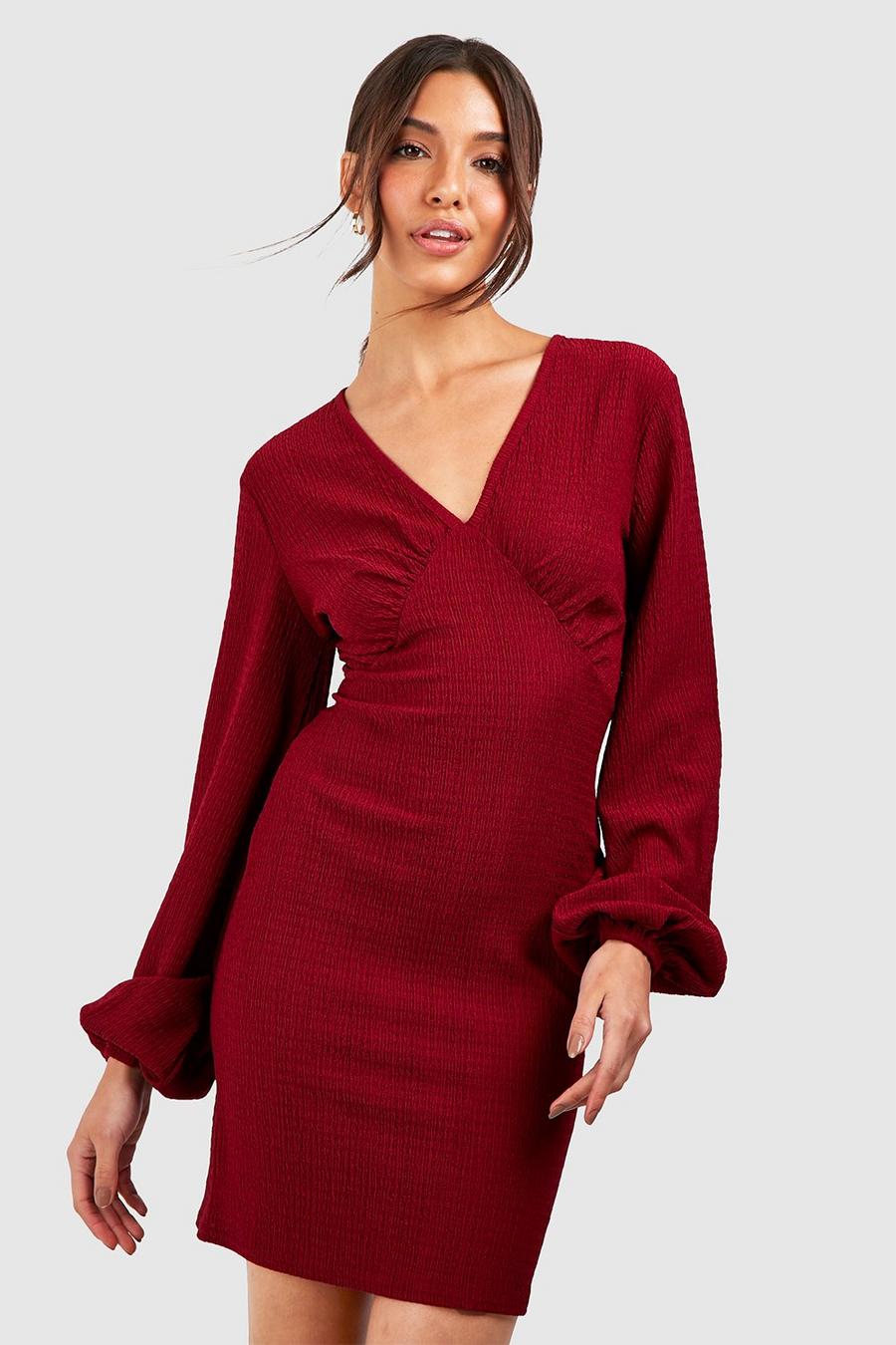 Berry red Textured Blouson Sleeve Mini Dress