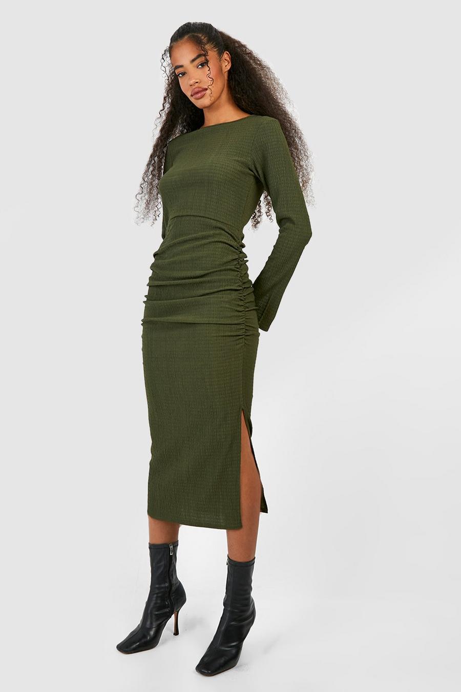 Khaki Textured Rouched Midaxi Dress image number 1