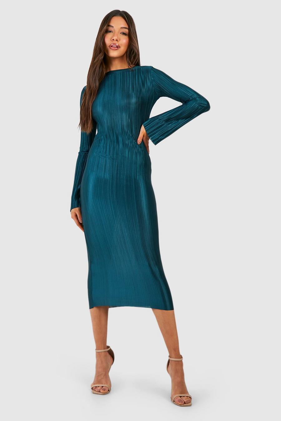 Emerald Plisse Flare Sleeve Midi Dress image number 1