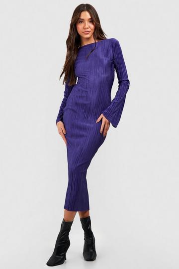 Plisse Flare Sleeve Midi Dress purple