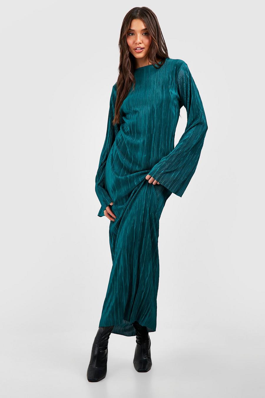 Vestito maxi plissettato con maniche svasate, Emerald image number 1
