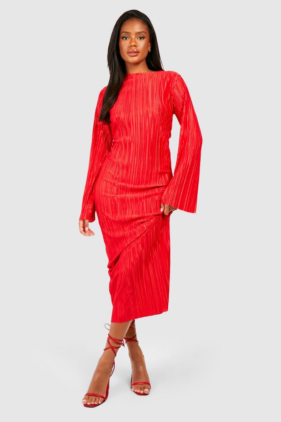 Red Plisse Flare Sleeve Maxi Dress