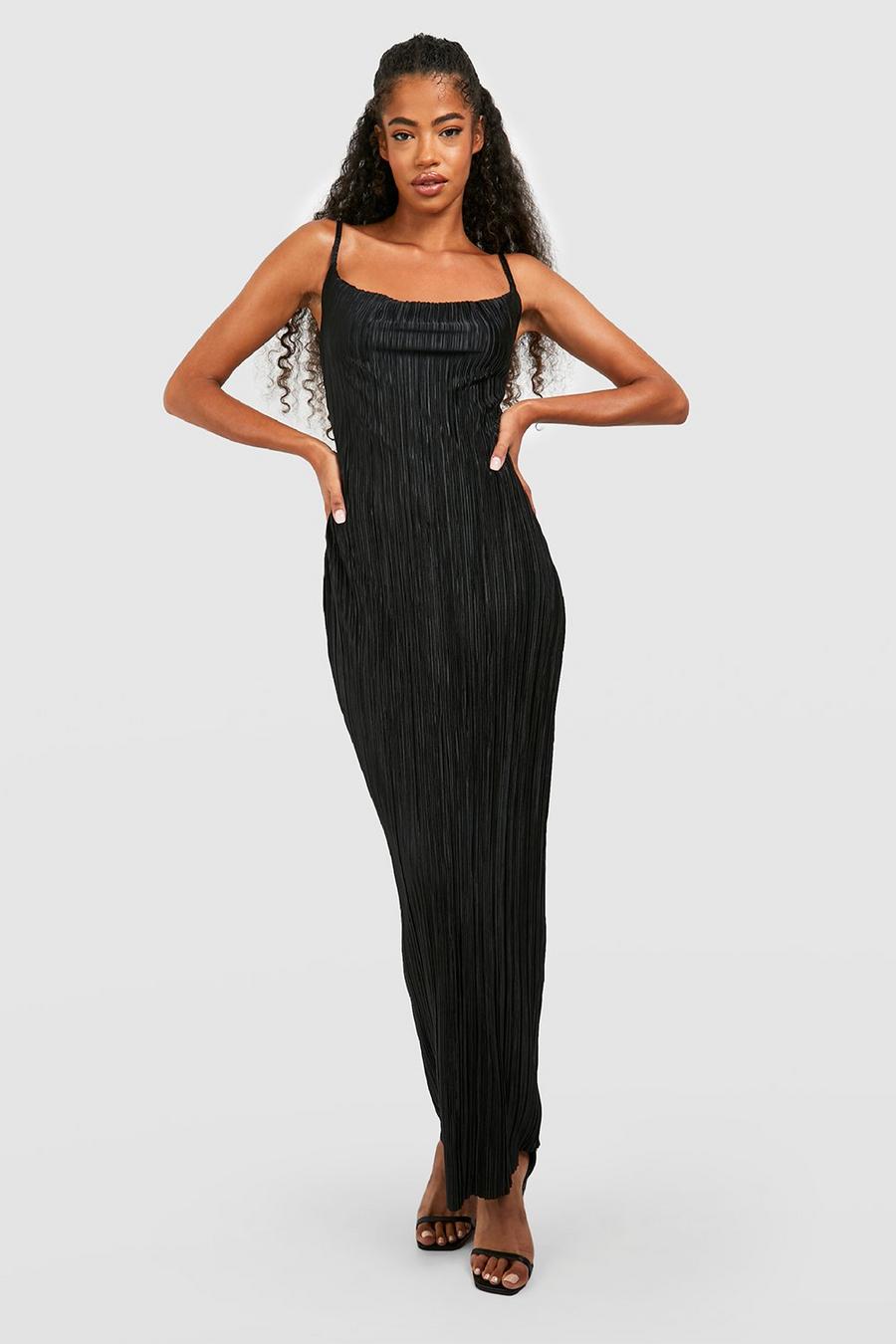 Black Plisse Strappy Maxi Dress