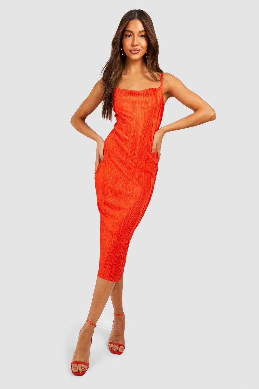 Orange Plisse Strappy Midi Dress