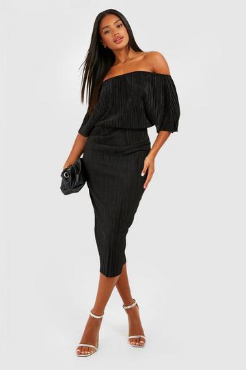 Plisse Off The Shoulder Midi Dress black