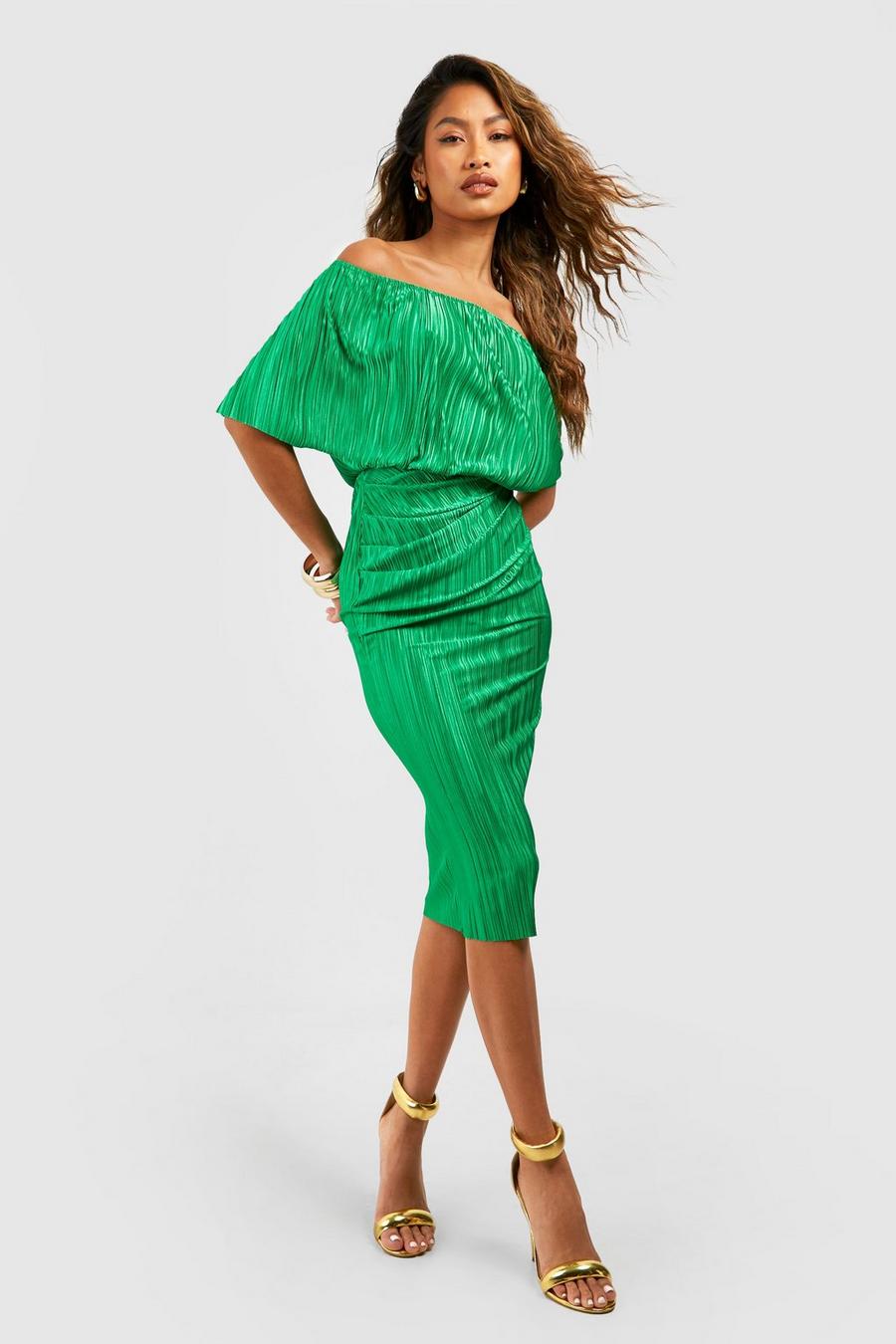 Bright green Plisse Off The Shoulder Midi Dress image number 1