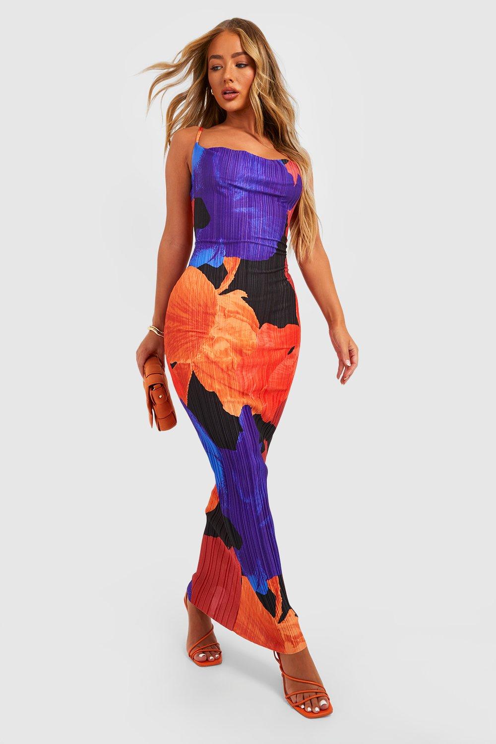 Blue Abstract Plisse Low Back Strappy Maxi Dress