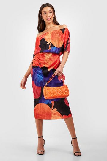 Abstract Floral Off The Shoulder Plisse Midi Dress blue