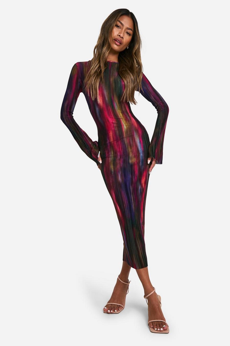 Teal Abstract Plisse Long Sleeve Midi Dress image number 1