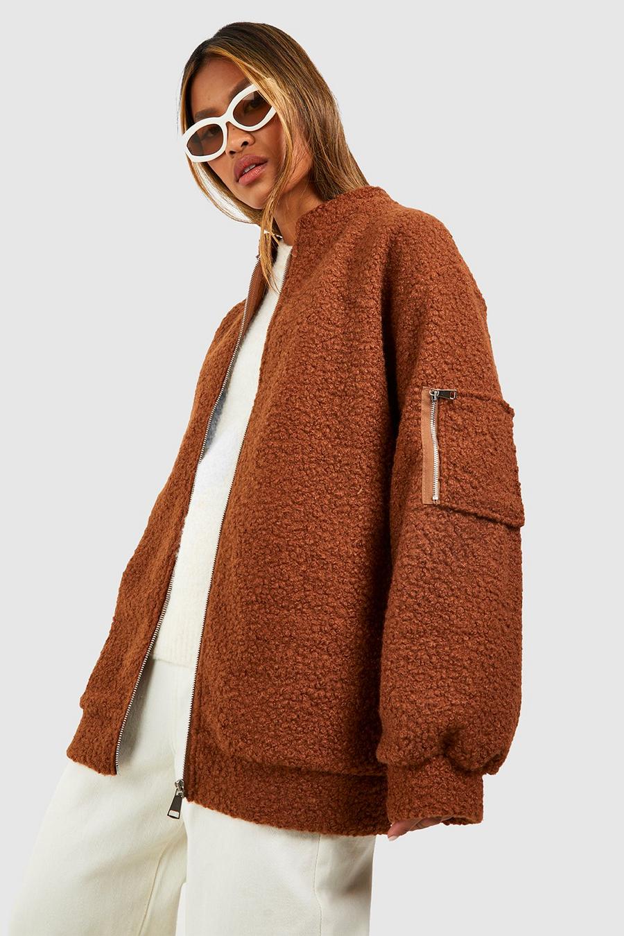 Giacca Bomber oversize effetto lana in bouclé, Camel image number 1