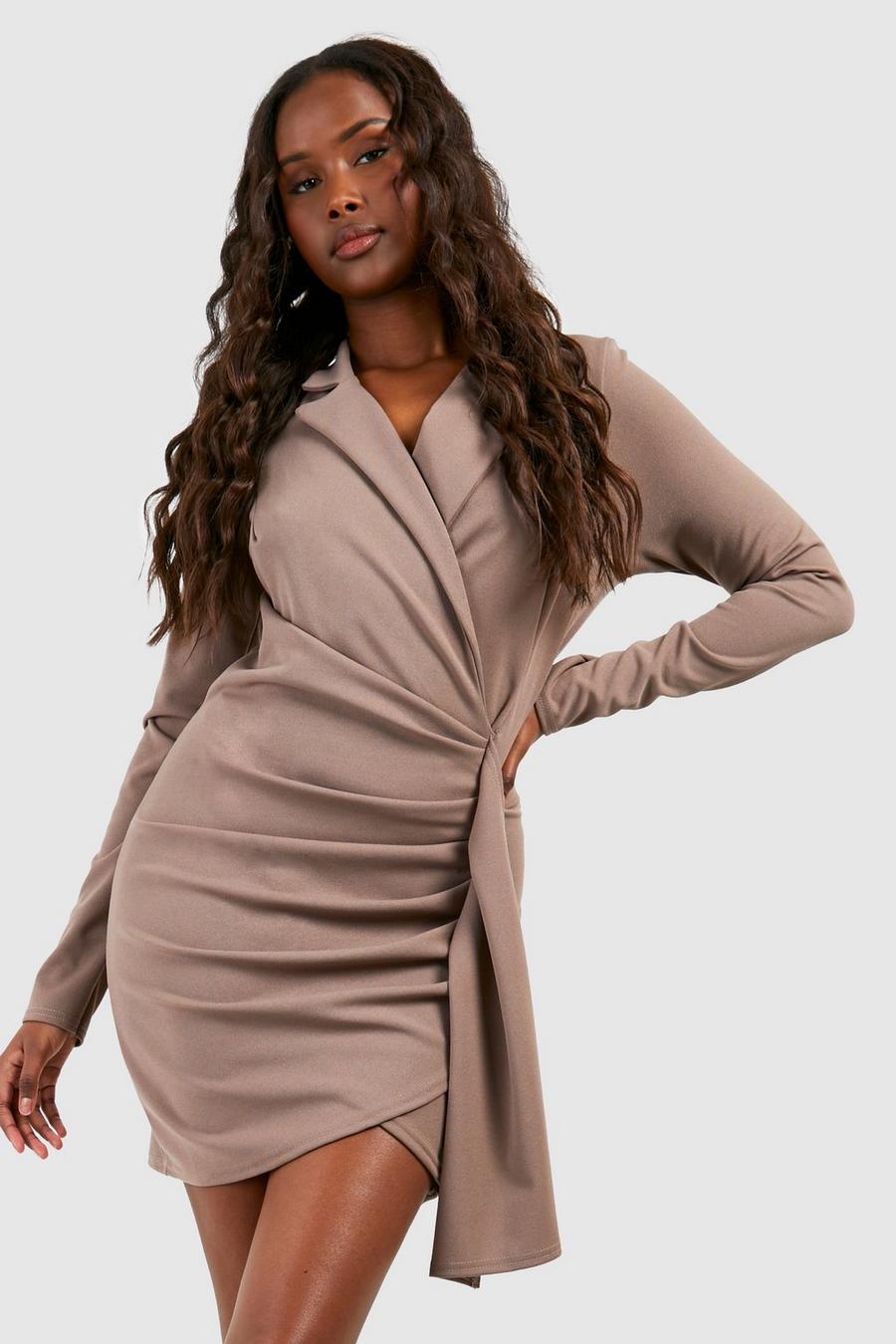 Women Solid Long Sleeve with Glove and Shoulder Pad Deep V Neck Sheath  Asymmetrical Plus Size Dress Size 18