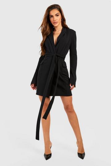 Black Tie Waist Long Sleeve Blazer Dress