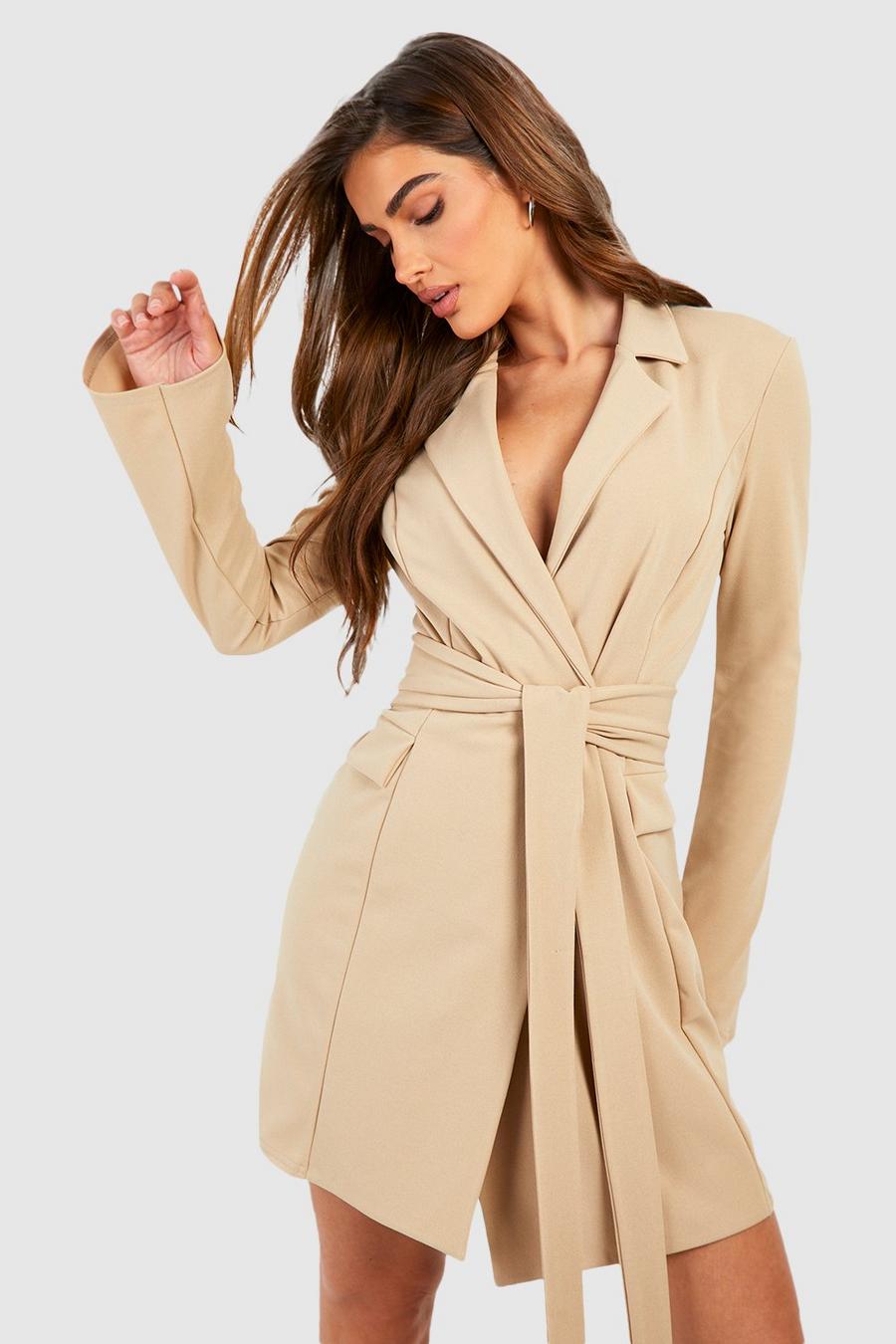 Stone Tie Waist Long Sleeve Blazer Dress 