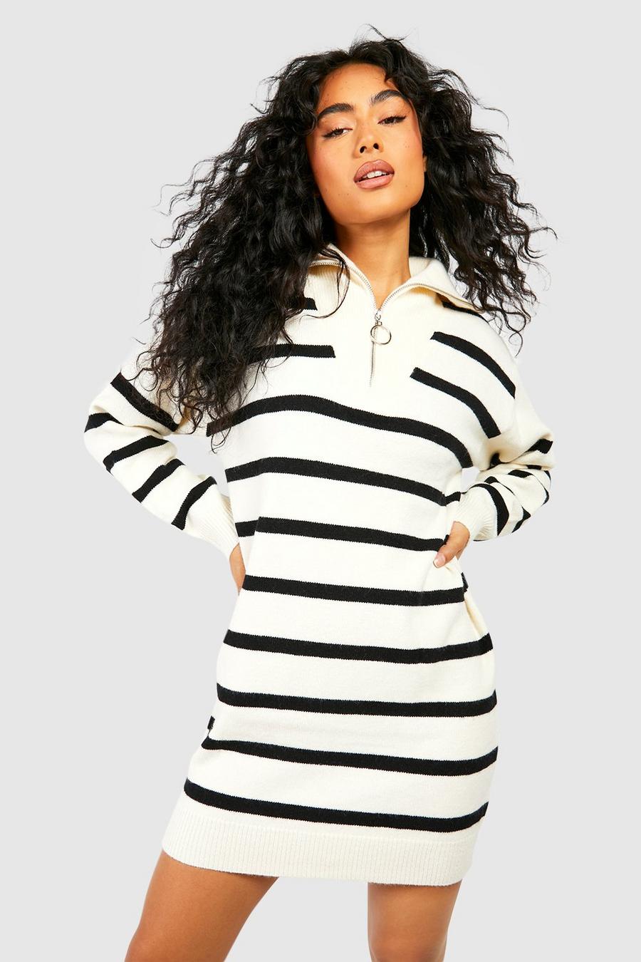 White Half Zip Stripe Jumper Dress image number 1