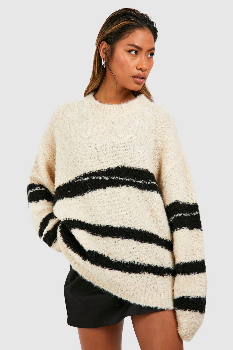 Jersey oversize de tejido bouclé con estampado de cebra, Ecru