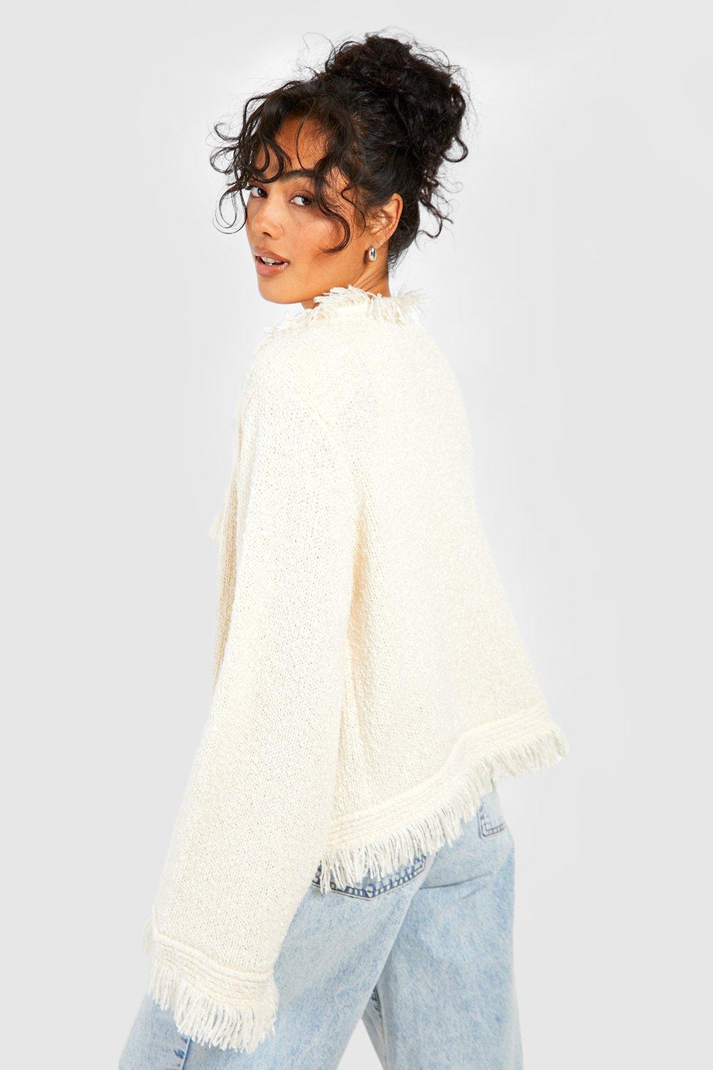 Fringe Hem Boucle Knit Cardigan