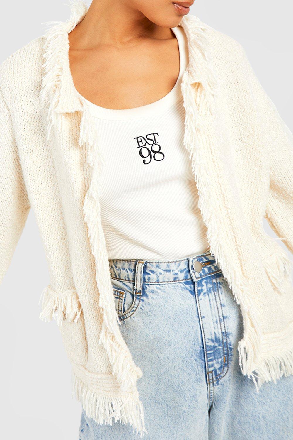 Fringe Hem Boucle Knit Cardigan | boohoo