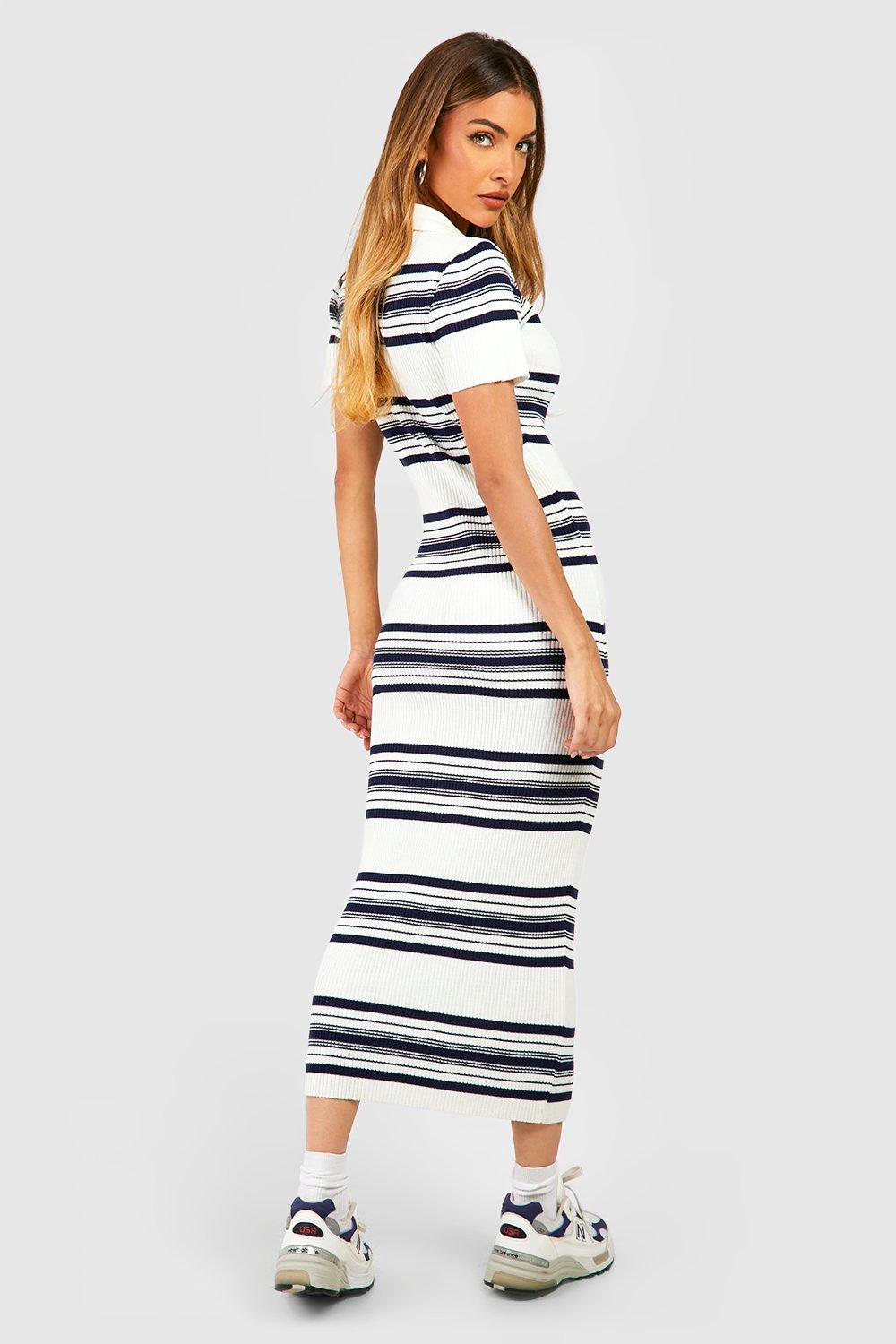 Polo Collar Mixed Stripe Rib Knitted Midaxi Dress boohoo