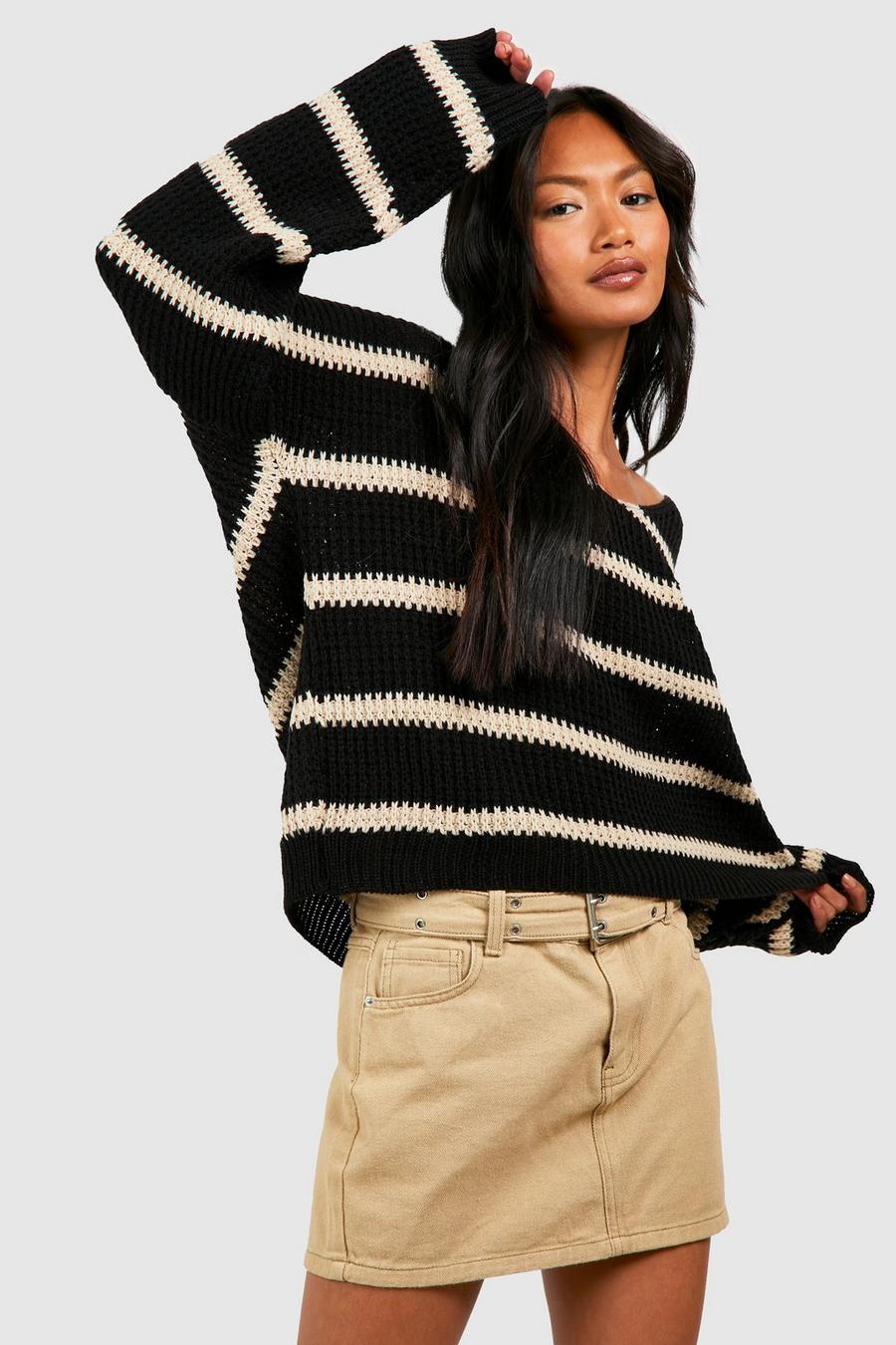 Black Chunky Oversized Stripe V Neck Sweater image number 1