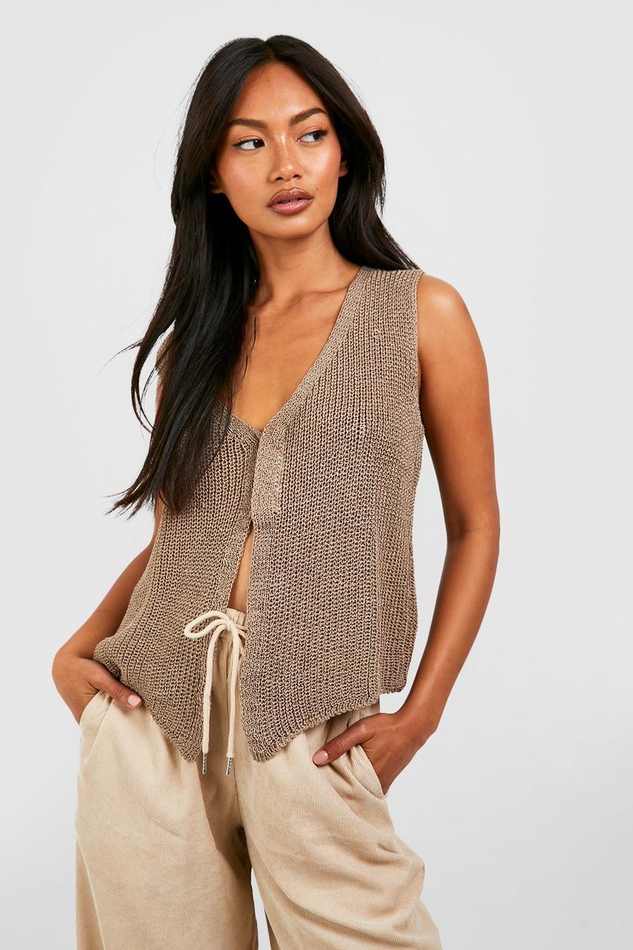 Taupe Hook And Eye Loose Knitted Vest image number 1