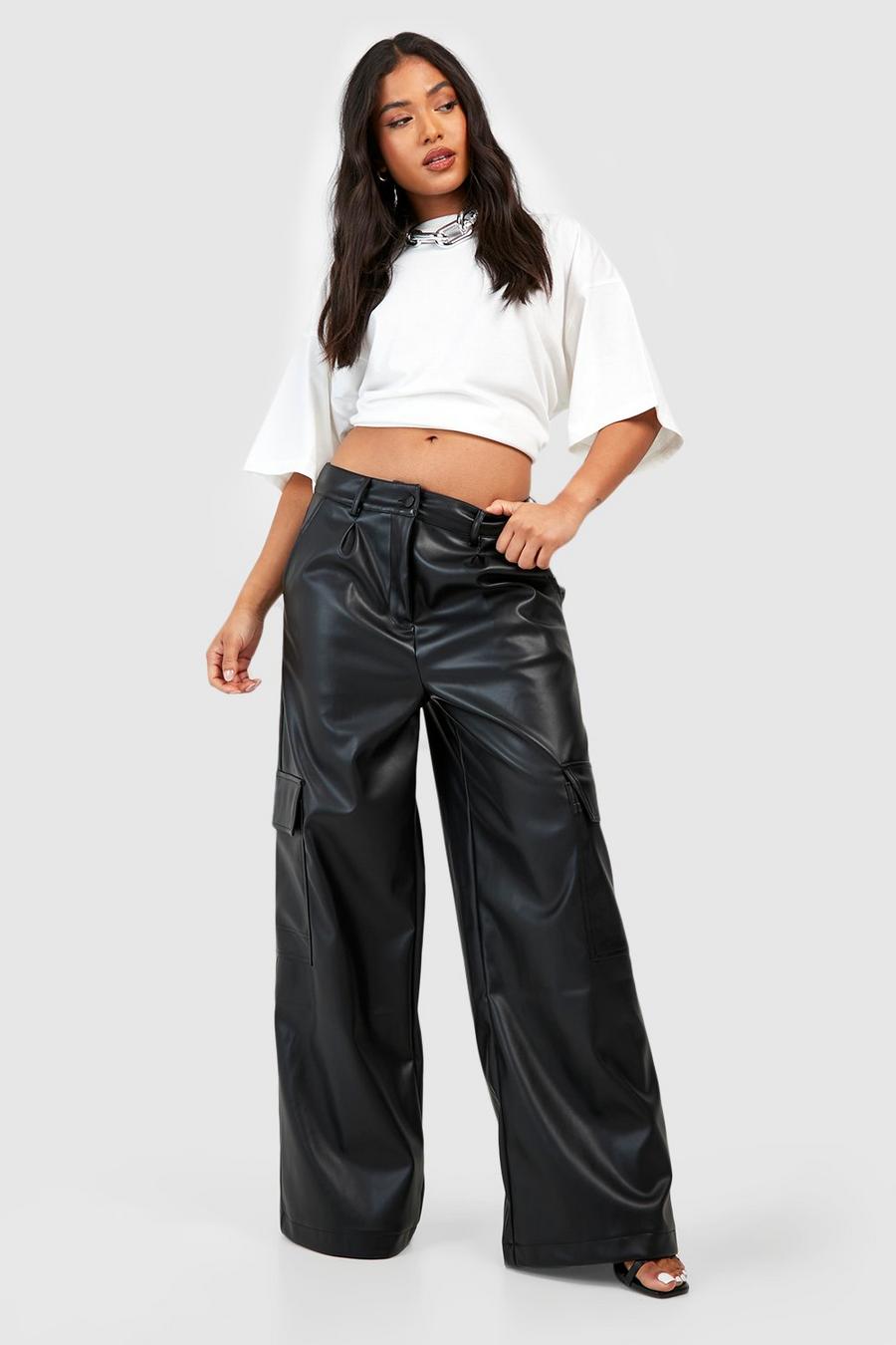 Black Petite Leather Look High Waisted Cargo Trousers image number 1