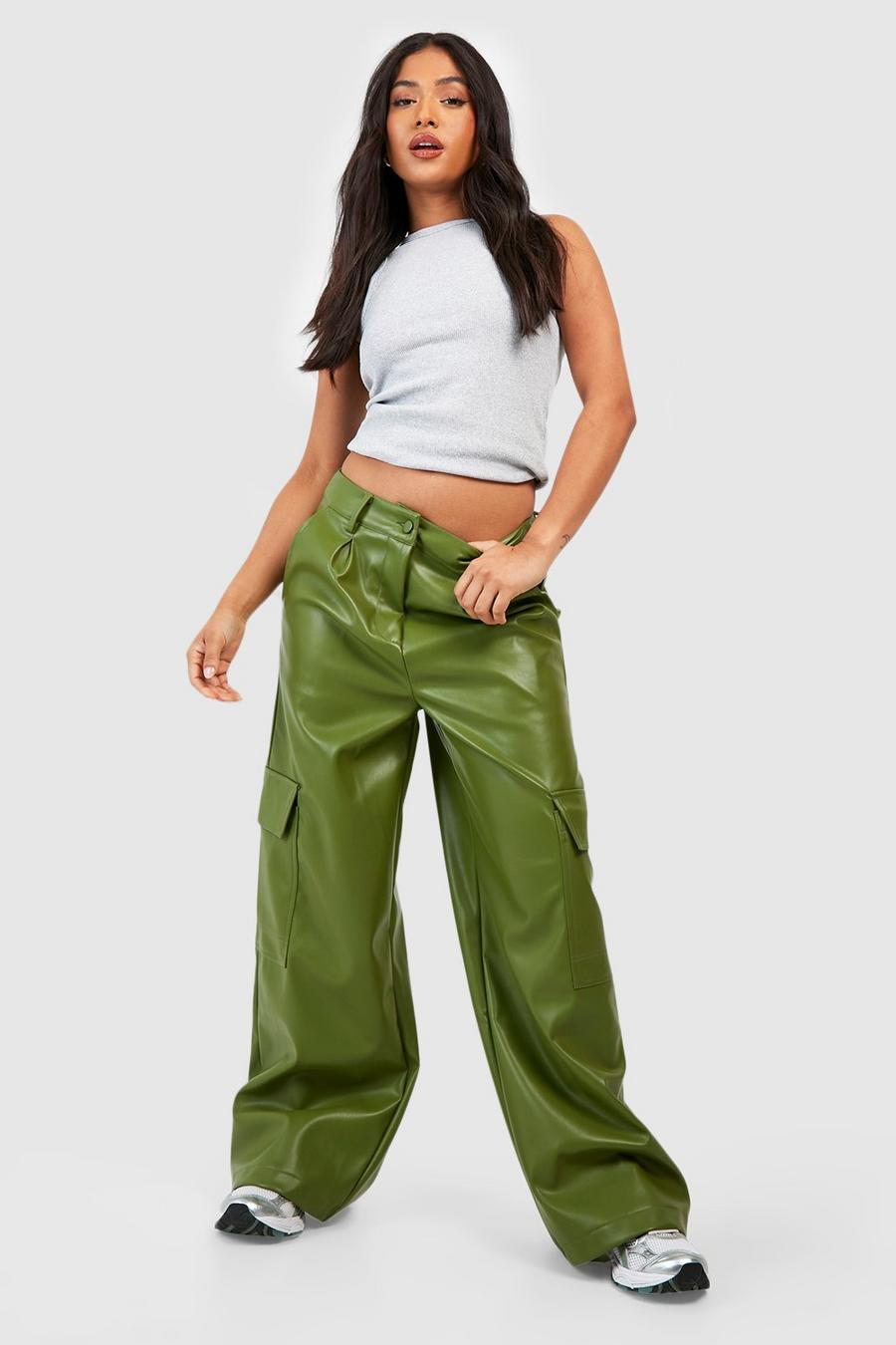 Khaki Petite Leather Look High Waisted Cargo Trousers image number 1