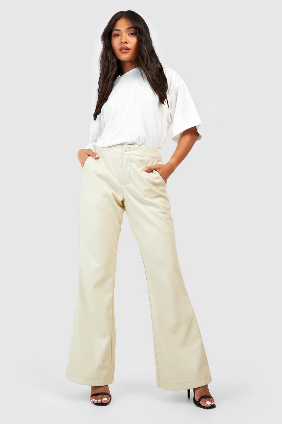 Ecru Petite Leather Look High Waisted Flared Pants image number 1
