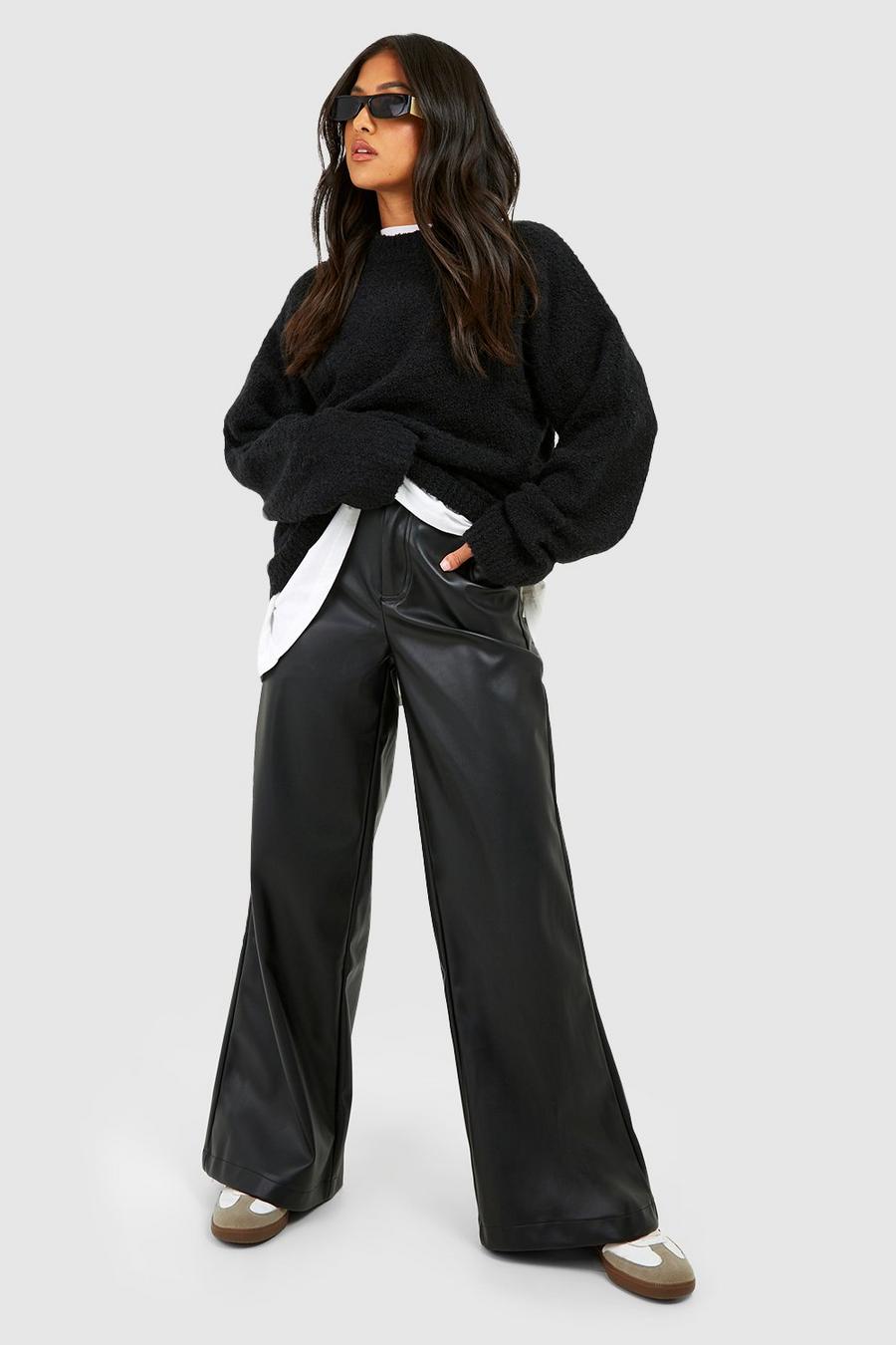 Petite Leather Look Wide Fit Trousers