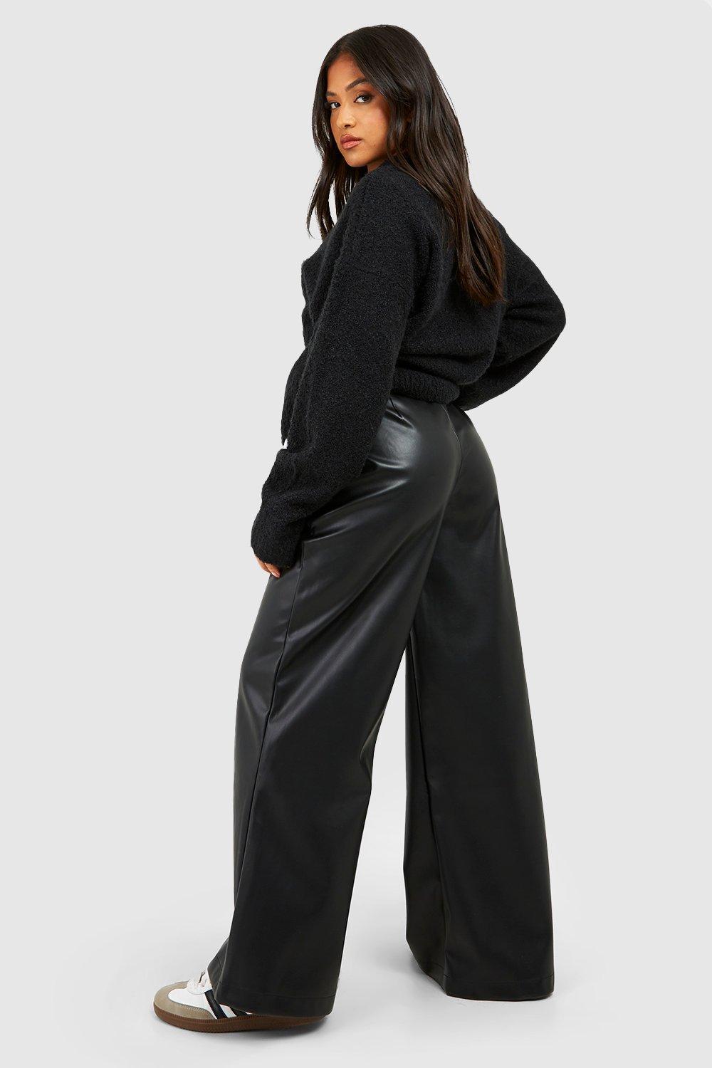 Petite Black Leather-Look Wide Leg Trousers