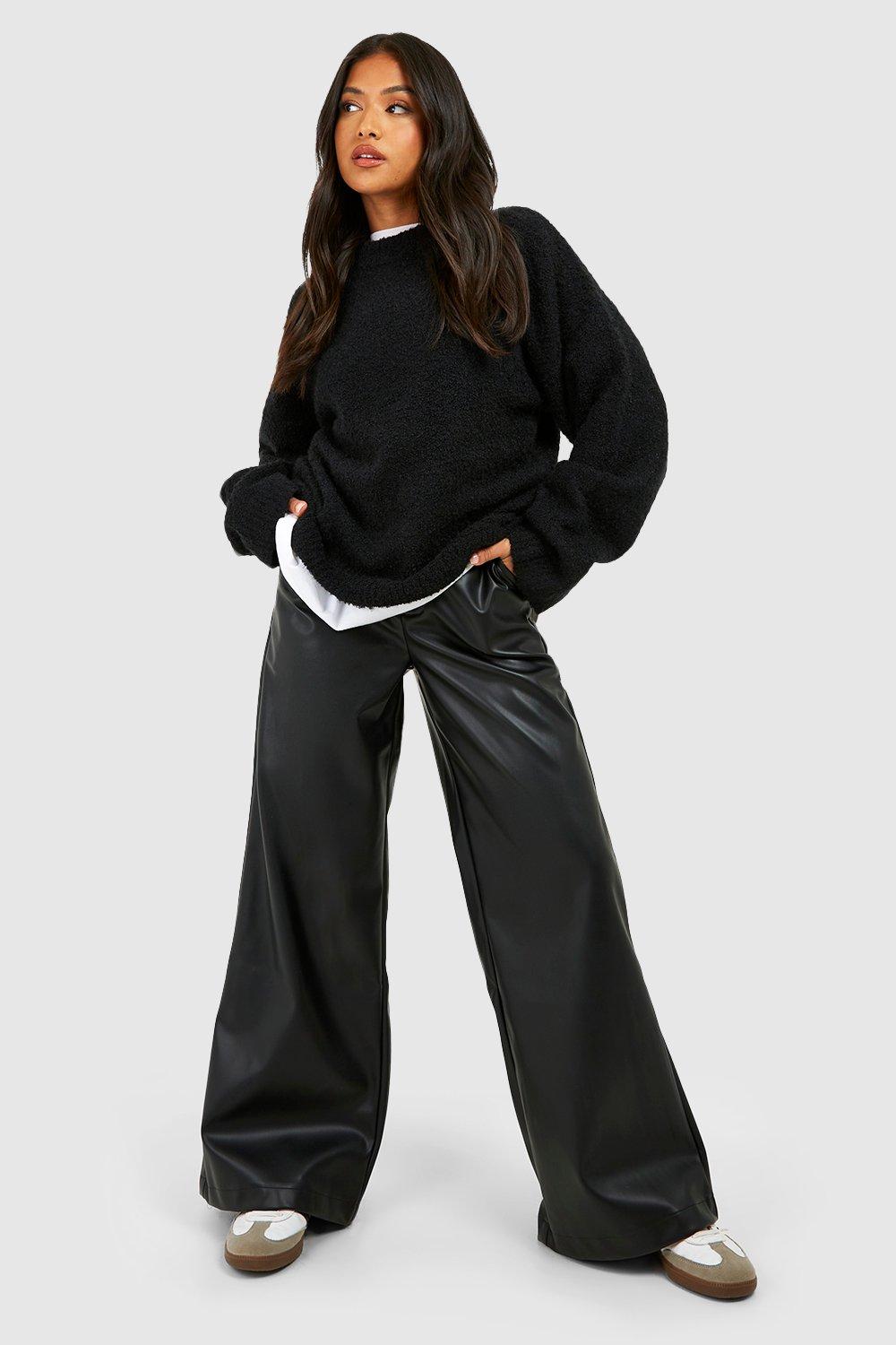 Petite Black Leather-Look Wide Leg Trousers